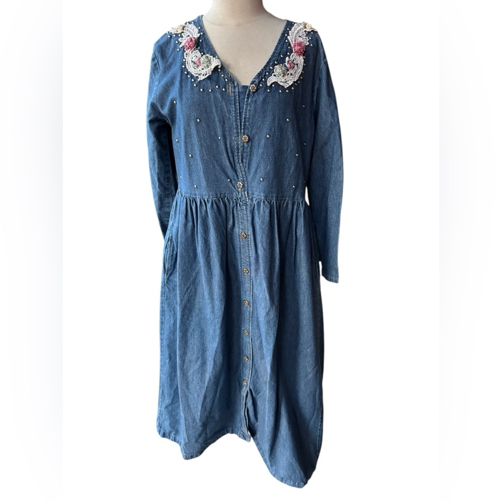 1990s Colon, Made in‎ USA, Floral, Studded Denim Maxi Cottagecore Dress